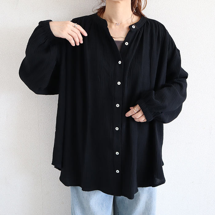 シャツ ブラウス トップス レディース 秋 冬 黒 白 おしゃれ かわいい 30代 40代 50代 長袖 ノーカラー 綿100 コットン [郵2]^t1089^ | uricca | 02