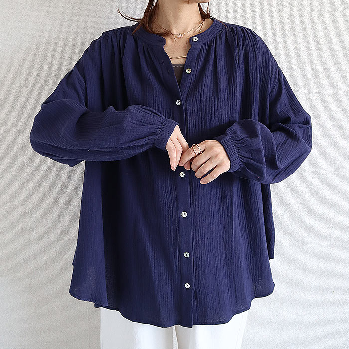 シャツ ブラウス トップス レディース 秋 冬 黒 白 おしゃれ かわいい 30代 40代 50代 長袖 ノーカラー 綿100 コットン [郵2]^t1089^ | uricca | 03