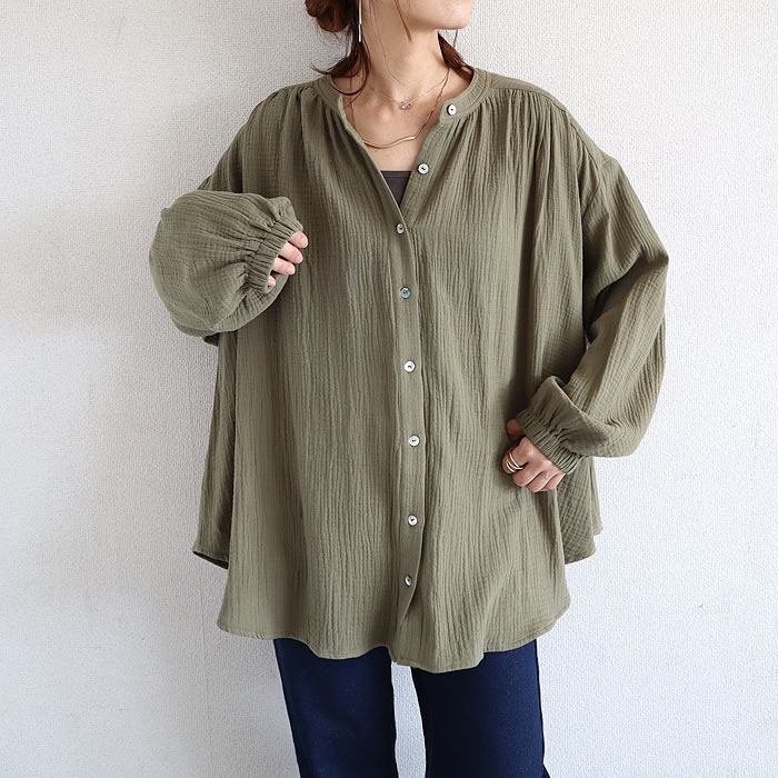 シャツ ブラウス トップス レディース 秋 冬 黒 白 おしゃれ かわいい 30代 40代 50代 長袖 ノーカラー 綿100 コットン [郵2]^t1089^ | uricca | 04