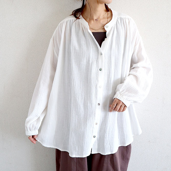 シャツ ブラウス トップス レディース 秋 冬 黒 白 おしゃれ かわいい 30代 40代 50代 長袖 ノーカラー 綿100 コットン [郵2]^t1089^ | uricca | 01