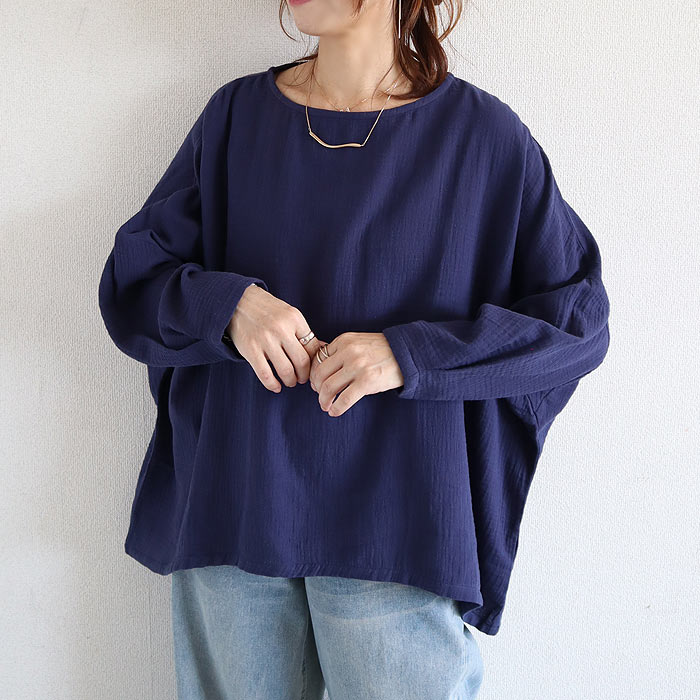 Tシャツ トップス レディース 長袖 秋 冬 黒 白 おしゃれ かわいい 30代 40代 50代 ダブルガーゼ 無地 ドルマン 綿100 [郵2]^t1090^爆買 | uricca | 03