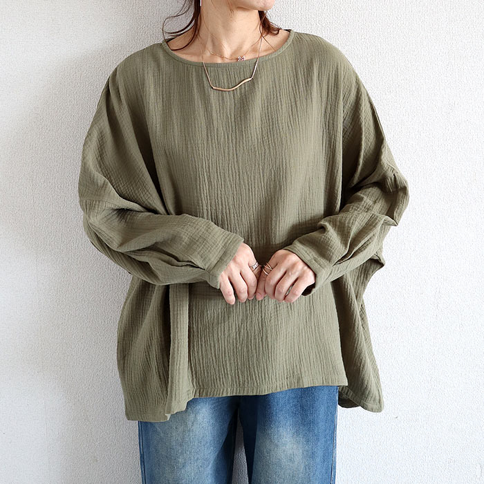 Tシャツ トップス レディース 長袖 秋 冬 黒 白 おしゃれ かわいい 30代 40代 50代 ダブルガーゼ 無地 ドルマン 綿100 [郵2]^t1090^爆買 | uricca | 04