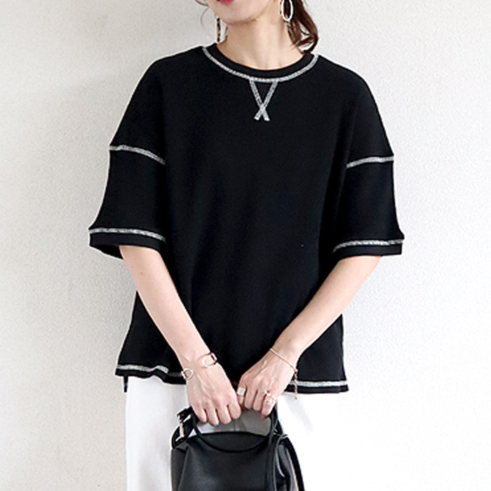 1992円 クーポンで！ Tシャツ トップス レディース 半袖 5分袖 春 夏 黒 白 おしゃれ 涼しい 速乾 コットン ワッフル ステッチ 無地[郵2]^t1091^ | uricca | 04