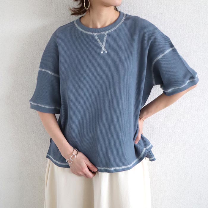 1992円 クーポンで！ Tシャツ トップス レディース 半袖 5分袖 春 夏 黒 白 おしゃれ 涼しい 速乾 コットン ワッフル ステッチ 無地[郵2]^t1091^ | uricca | 05