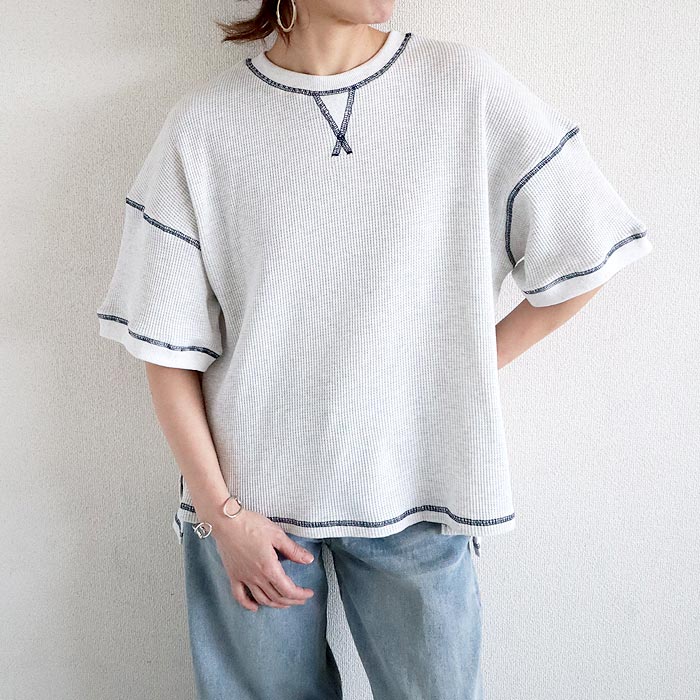 1992円 クーポンで！ Tシャツ トップス レディース 半袖 5分袖 春 夏 黒 白 おしゃれ 涼しい 速乾 コットン ワッフル ステッチ 無地[郵2]^t1091^ | uricca | 02