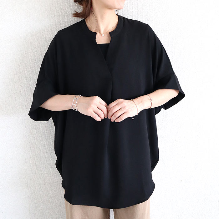 ブラウス キーネック スキッパー シアー トップス レディース 半袖 5分袖 春 夏 黒 白 おしゃれ かわいい 涼しい フロントタック ^t1097^ | uricca | 02