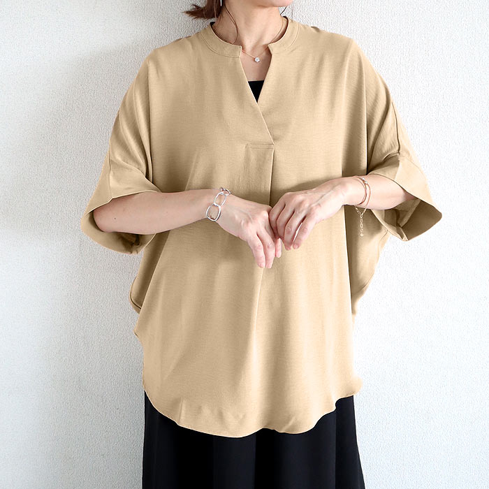 ブラウス キーネック スキッパー シアー トップス レディース 半袖 5分袖 春 夏 黒 白 おしゃれ かわいい 涼しい フロントタック ^t1097^ | uricca | 03