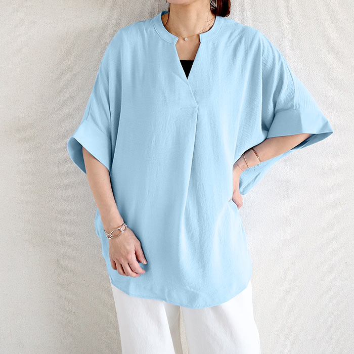 ブラウス キーネック スキッパー シアー トップス レディース 半袖 5分袖 春 夏 黒 白 おしゃれ かわいい 涼しい フロントタック ^t1097^ | uricca | 05