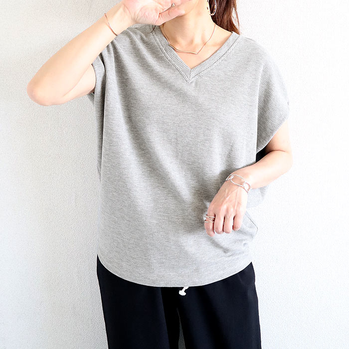 「72H限定！1692円 クーポンで」 Tシャツ レディース トップス フレンチスリーブ 半袖 ワッフル ベスト 無地 おしゃれ ゆったり 綿混 春 夏 白 黒 [郵2]^t1099^ | uricca | 03