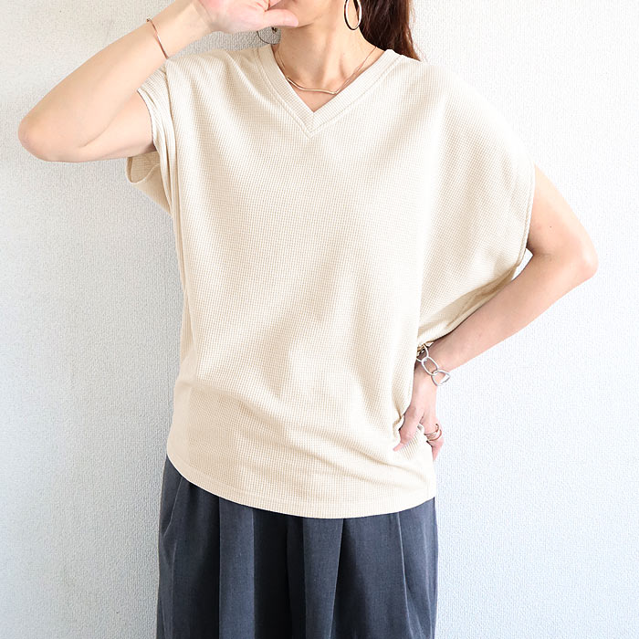 「72H限定！1692円 クーポンで」 Tシャツ レディース トップス フレンチスリーブ 半袖 ワッフル ベスト 無地 おしゃれ ゆったり 綿混 春 夏 白 黒 [郵2]^t1099^ | uricca | 04