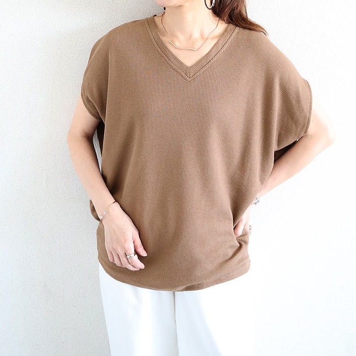 「72H限定！1692円 クーポンで」 Tシャツ レディース トップス フレンチスリーブ 半袖 ワッフル ベスト 無地 おしゃれ ゆったり 綿混 春 夏 白 黒 [郵2]^t1099^ | uricca | 05