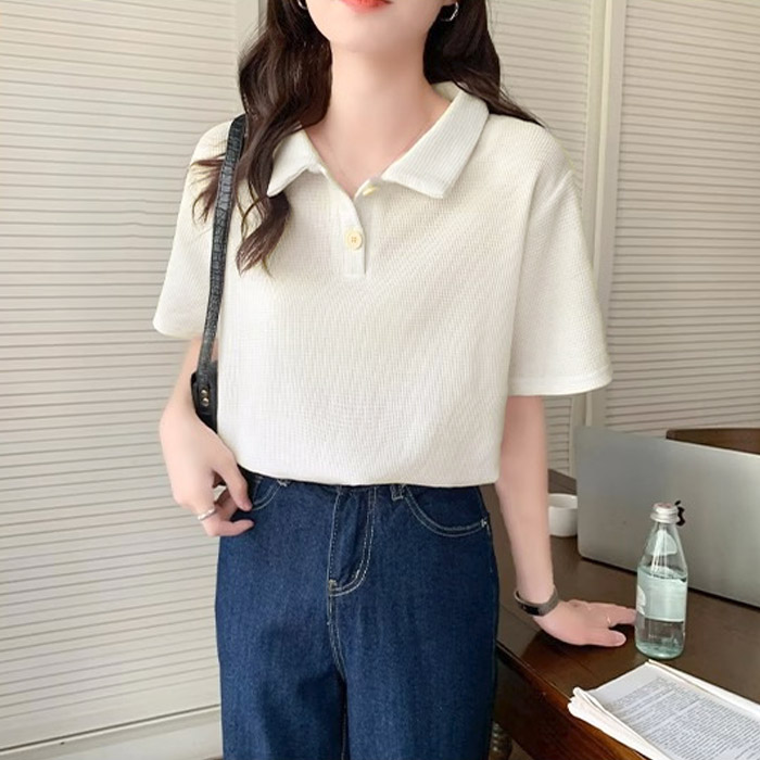 トップス レディース Tシャツ ポロシャツ 春 夏 白 黒 おしゃれ 半袖 無地 コットン混 綿混 ワッフル生地[郵2]^t1107^爆買 | uricca | 01