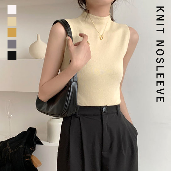サマーニット レディース トップス ノースリーブ 薄手 セーター ハイネック フェミニン プルオーバー 夏 白 黒[郵1]^t1110^ | uricca