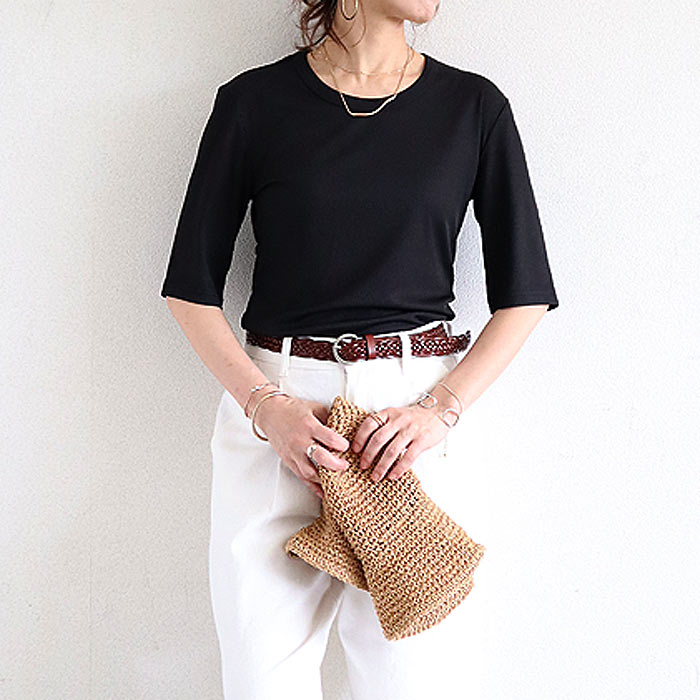 tシャツ トップス リブ レディース 半袖 5分袖 白 黒 春 夏 おしゃれ かわいい 30代 40代 50代 ノースリーブ [郵1]^t1111^爆買 | uricca | 02