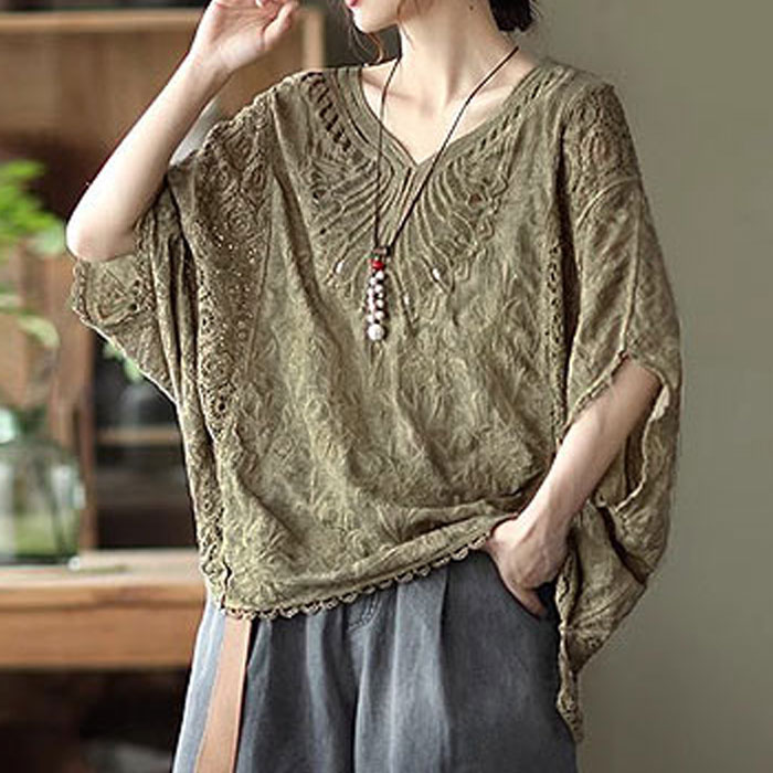 トップス レディース ブラウス ドルマン 春 夏 白 黒 おしゃれ レース 透け感 コットン100％ 綿100％ 体型カバー[郵3]^t1115^ | uricca | 03