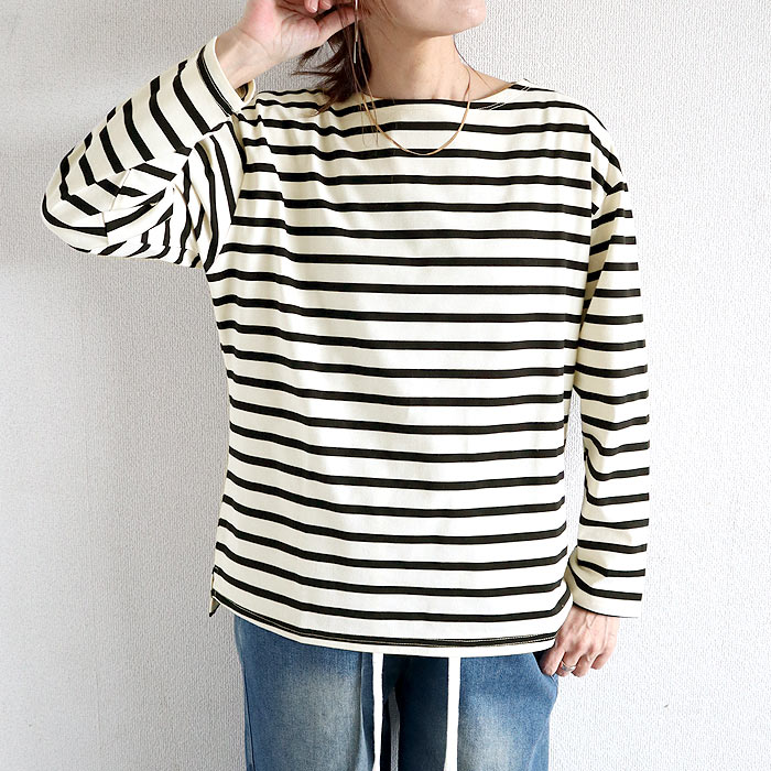 トップス レディース カットソー 白 黒 秋 冬 おしゃれ 長袖 ボーダー コットン混 綿混 厚地 ボートネック ロンT[郵2]^t1122^爆買 | uricca | 01