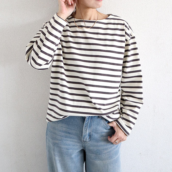 トップス レディース カットソー 白 黒 秋 冬 おしゃれ 長袖 ボーダー コットン混 綿混 厚地 ボートネック ロンT[郵2]^t1122^爆買 | uricca | 03