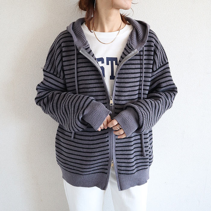 2596円 クーポンで！ ジップ パーカー トップス レディース ジップアップ ダブルジップ　ニット 秋 冬 白 黒 おしゃれ 長袖 ボーダー アウター ^t1129^ | uricca | 02