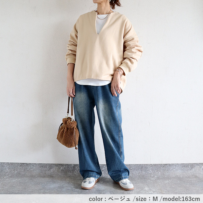 トップス レディース スウェット プルオーバー 黒 秋 冬 おしゃれ 長袖 無地 コットン混 綿混 Vネック 裏起毛 レイヤード[郵3]^t1131^ | uricca | 13