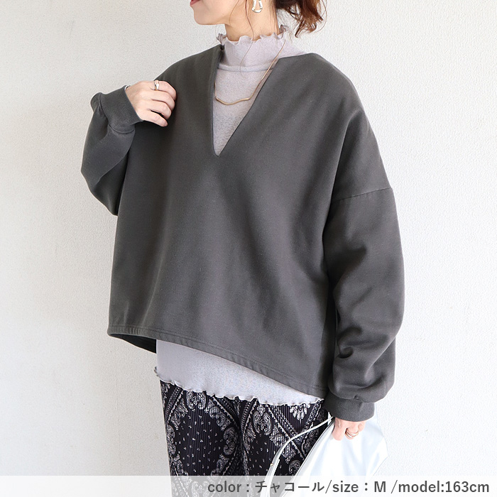 トップス レディース スウェット プルオーバー 黒 秋 冬 おしゃれ 長袖 無地 コットン混 綿混 Vネック 裏起毛 レイヤード[郵3]^t1131^ | uricca | 14