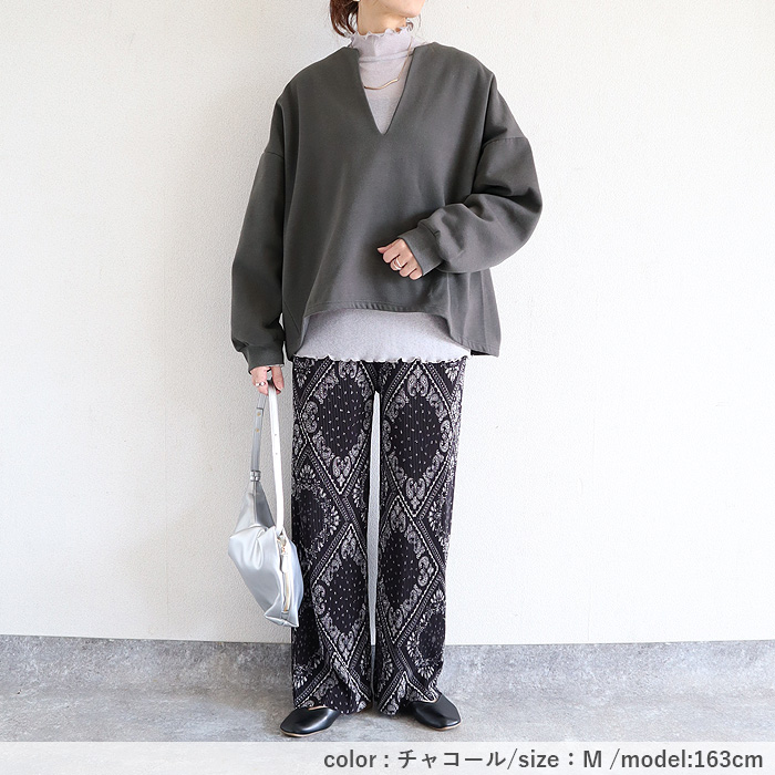 トップス レディース スウェット プルオーバー 黒 秋 冬 おしゃれ 長袖 無地 コットン混 綿混 Vネック 裏起毛 レイヤード[郵3]^t1131^ | uricca | 15