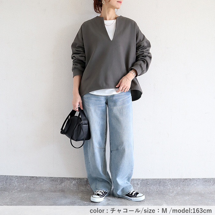 トップス レディース スウェット プルオーバー 黒 秋 冬 おしゃれ 長袖 無地 コットン混 綿混 Vネック 裏起毛 レイヤード[郵3]^t1131^ | uricca | 16