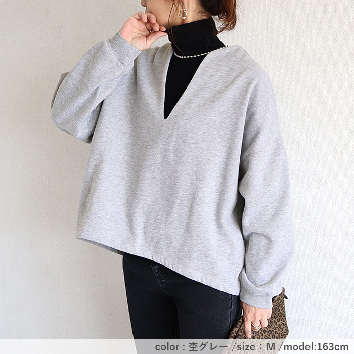 トップス レディース スウェット プルオーバー 黒 秋 冬 おしゃれ 長袖 無地 コットン混 綿混 Vネック 裏起毛 レイヤード[郵3]^t1131^ | uricca | 17