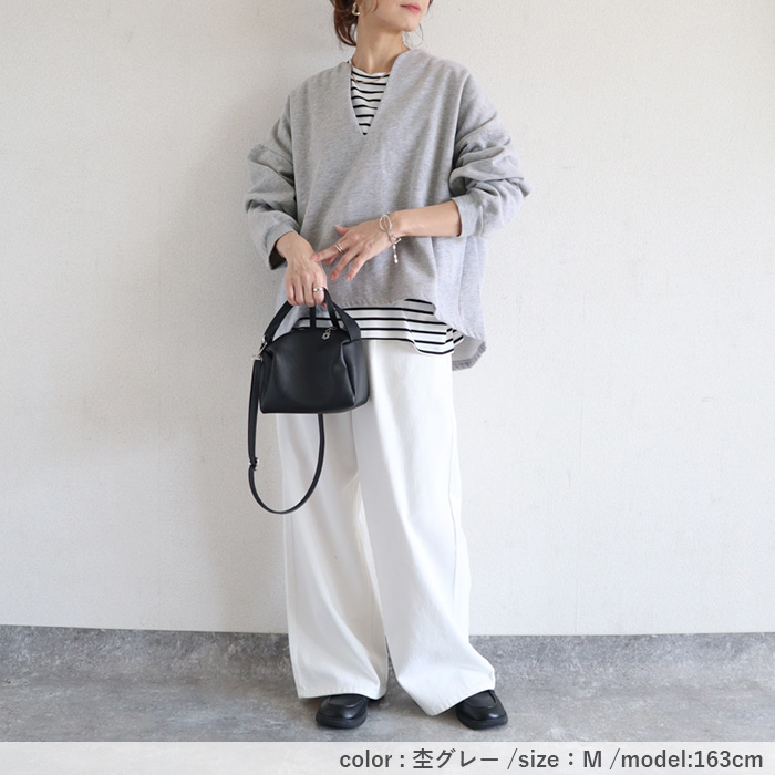 トップス レディース スウェット プルオーバー 黒 秋 冬 おしゃれ 長袖 無地 コットン混 綿混 Vネック 裏起毛 レイヤード[郵3]^t1131^ | uricca | 19