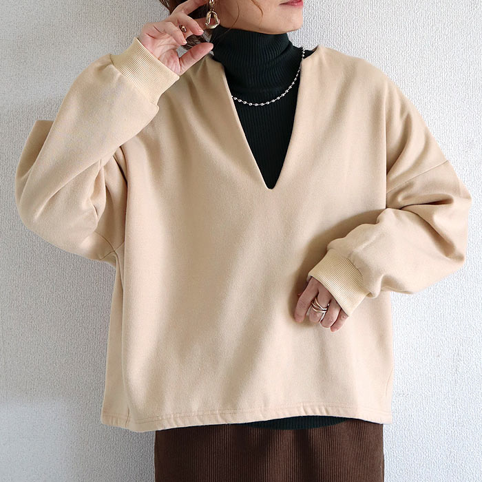 トップス レディース スウェット プルオーバー 黒 秋 冬 おしゃれ 長袖 無地 コットン混 綿混 Vネック 裏起毛 レイヤード[郵3]^t1131^ | uricca | 04