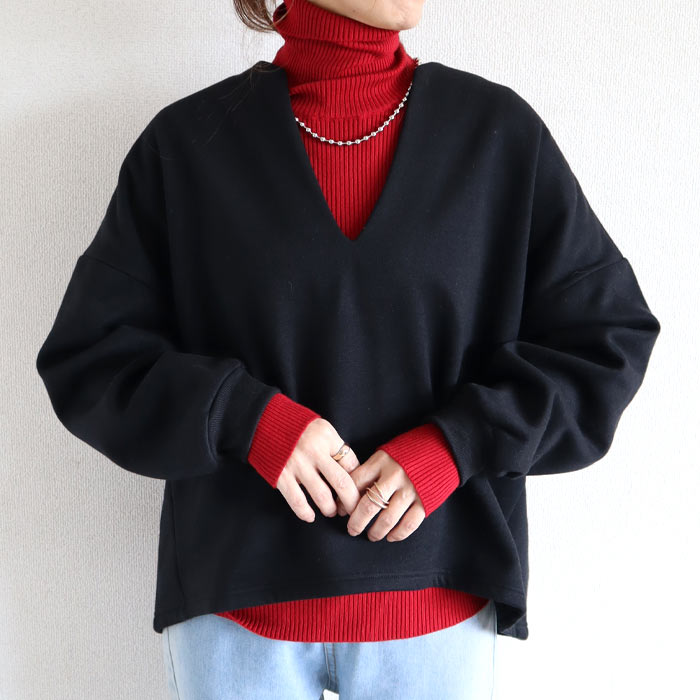 トップス レディース スウェット プルオーバー 黒 秋 冬 おしゃれ 長袖 無地 コットン混 綿混 Vネック 裏起毛 レイヤード[郵3]^t1131^ | uricca | 01