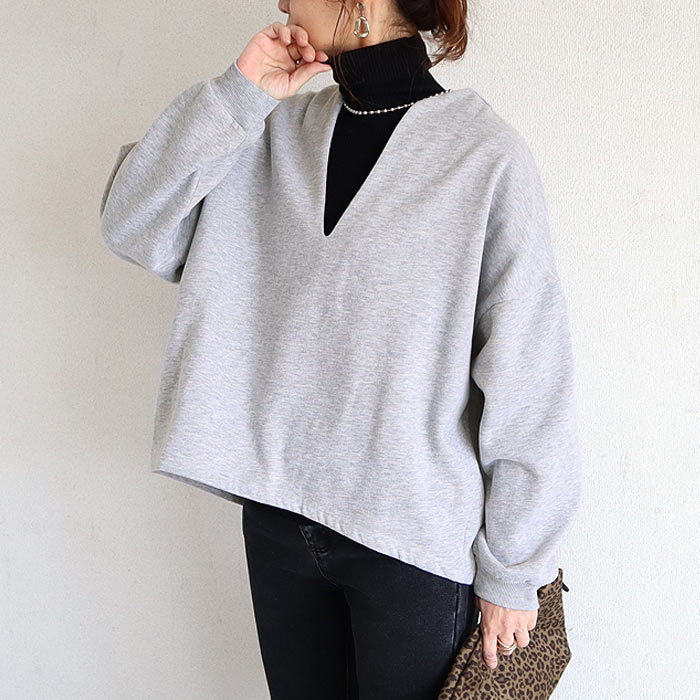 トップス レディース スウェット プルオーバー 黒 秋 冬 おしゃれ 長袖 無地 コットン混 綿混 Vネック 裏起毛 レイヤード[郵3]^t1131^ | uricca | 03