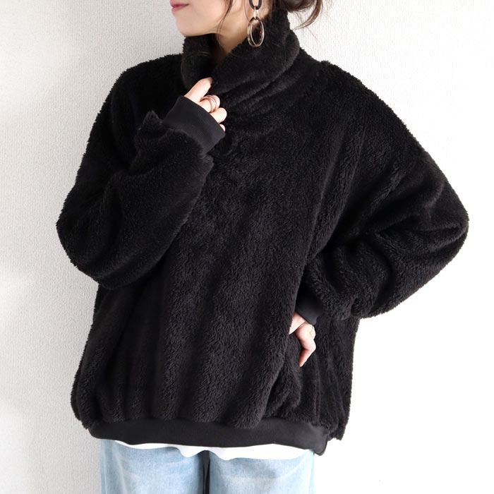 フリース トップス レディース 裏ボア 長袖 極暖 保温 黒 白 もこもこ おしゃれ ハイネック タートルネック[郵3]^t1133^ | uricca | 01