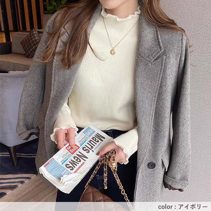 ニット 裏起毛 トップス レディース ハイネック フリル カットソー 長袖 裏ボア あったか 保温 冬 黒 白 おしゃれ かわいい きれいめ [郵3]^t1135^ | uricca | 15