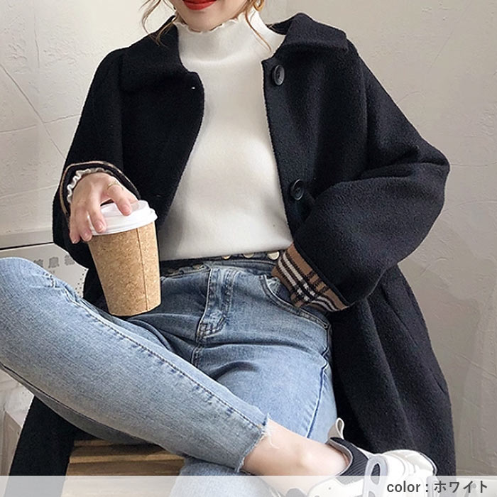 ニット 裏起毛 トップス レディース ハイネック フリル カットソー 長袖 裏ボア あったか 保温 冬 黒 白 おしゃれ かわいい きれいめ [郵3]^t1135^ | uricca | 09