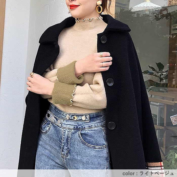 ニット 裏起毛 トップス レディース ハイネック フリル カットソー 長袖 裏ボア あったか 保温 冬 黒 白 おしゃれ かわいい きれいめ [郵3]^t1135^ | uricca | 11