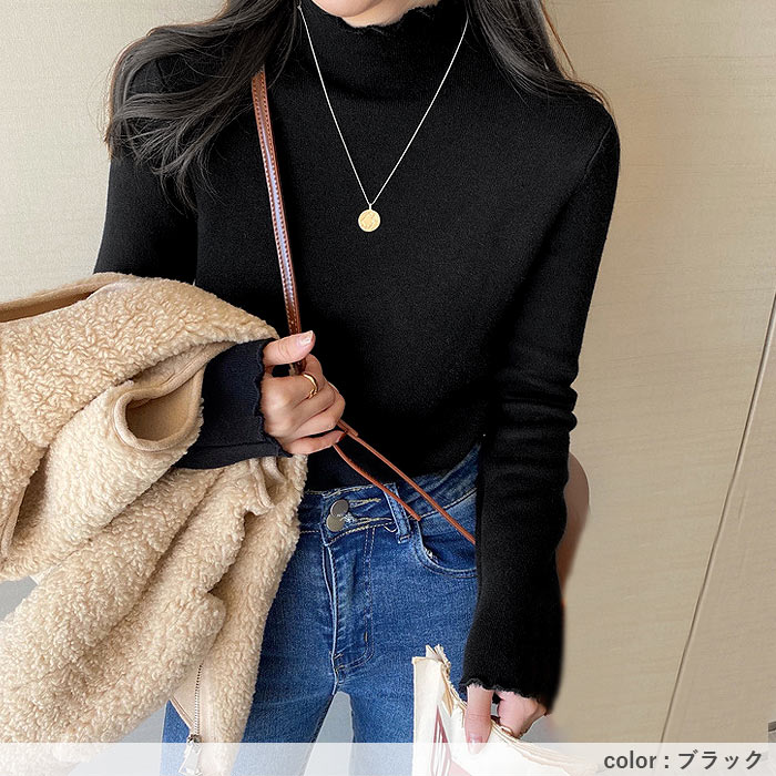 ニット 裏起毛 トップス レディース ハイネック フリル カットソー 長袖 裏ボア あったか 保温 冬 黒 白 おしゃれ かわいい きれいめ [郵3]^t1135^ | uricca | 12