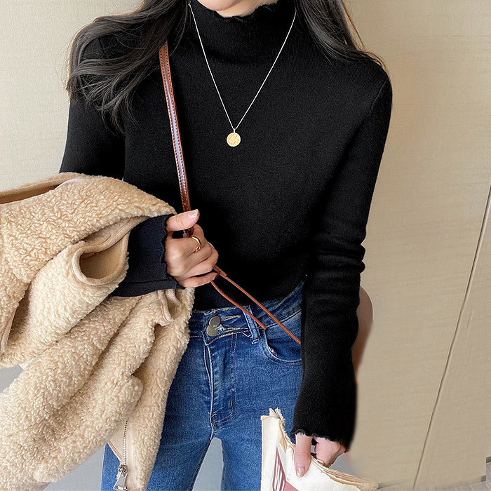 ニット 裏起毛 トップス レディース ハイネック フリル カットソー 長袖 裏ボア あったか 保温 冬 黒 白 おしゃれ かわいい きれいめ [郵3]^t1135^ | uricca | 01