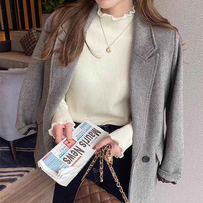 ニット 裏起毛 トップス レディース ハイネック フリル カットソー 長袖 裏ボア あったか 保温 冬 黒 白 おしゃれ かわいい きれいめ [郵3]^t1135^ | uricca | 03