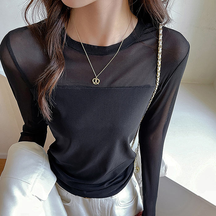 レディース トップス インナー 長袖 メッシュ切り替え レイヤード 重ね着 黒 白 春 夏 秋 おしゃれ かわいい カジュアル[郵1]^t1138^爆買 | uricca | 01