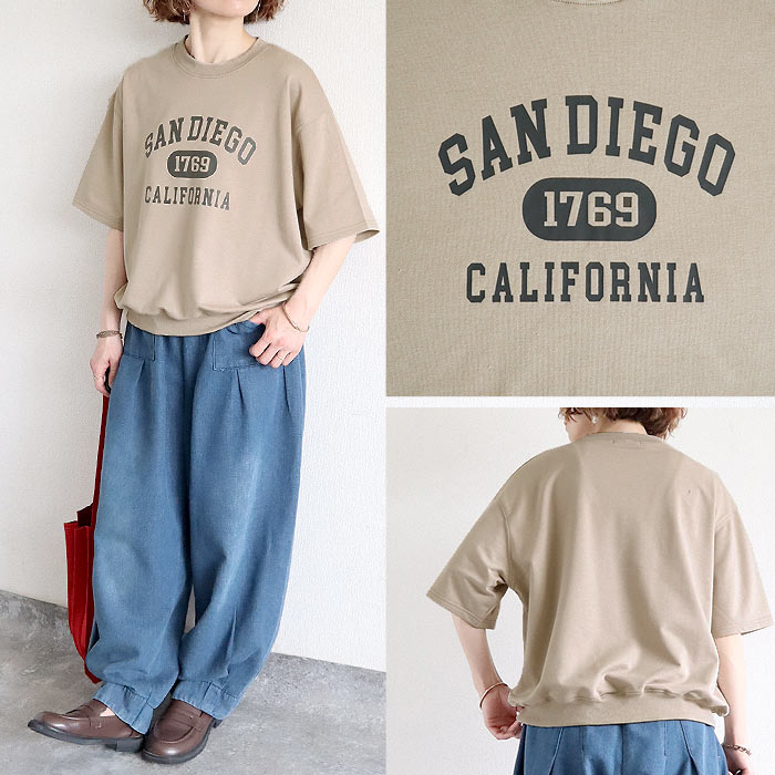 ロゴ Tシャツ 夏 レディース 体型カバー 二の腕カバー スウェット トップス 半袖 5分袖 プリント 黒 白 オーバーサイズ ^t1141^送込【タイムセール】 | uricca | 24