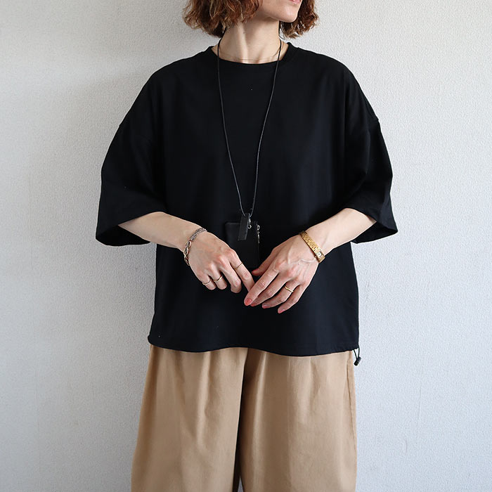 Tシャツ 夏 丈を調整できる ドローコード レディース 半袖 5分袖 トップス カットソー ドロスト 黒 白 春 おしゃれ^t1143^ | uricca | 02