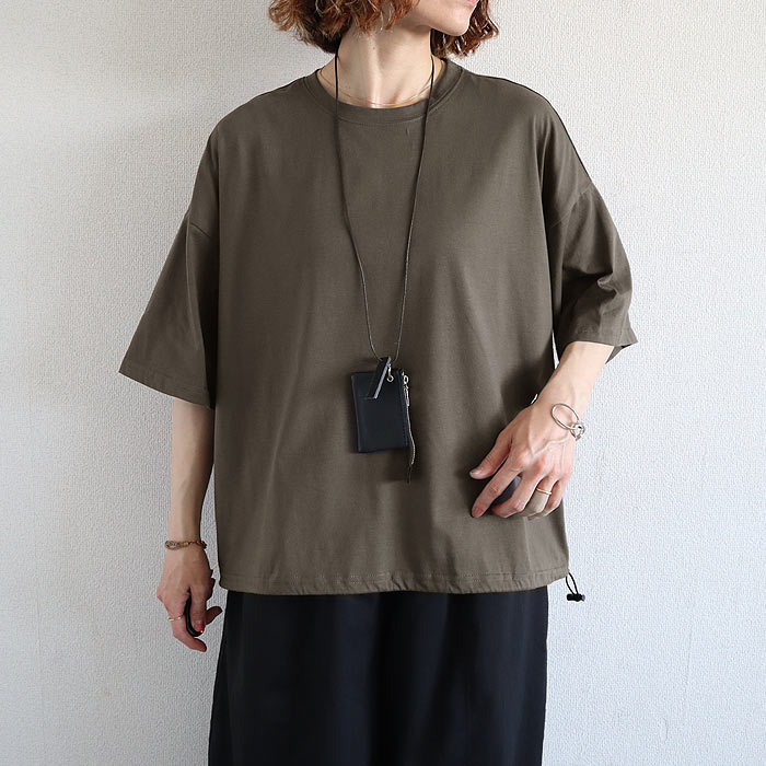 Tシャツ 夏 丈を調整できる ドローコード レディース 半袖 5分袖 トップス カットソー ドロスト 黒 白 春 おしゃれ^t1143^ | uricca | 03