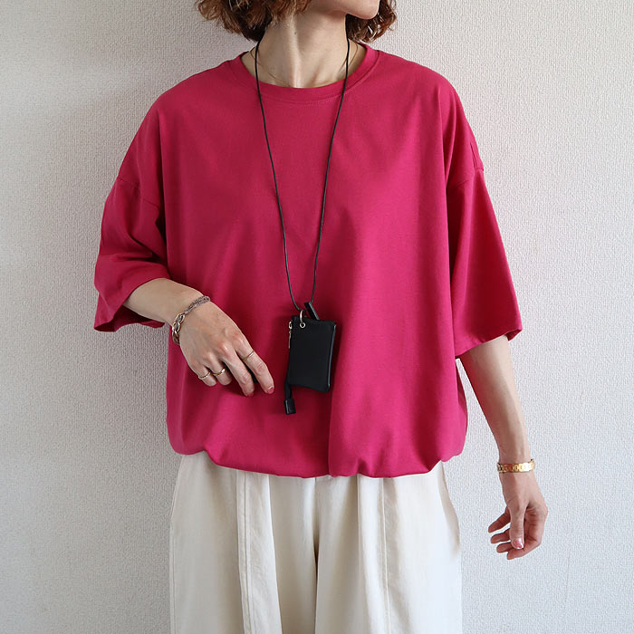 Tシャツ 夏 丈を調整できる ドローコード レディース 半袖 5分袖 トップス カットソー ドロスト 黒 白 春 おしゃれ^t1143^ | uricca | 06
