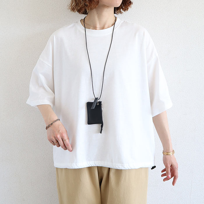 Tシャツ 夏 丈を調整できる ドローコード レディース 半袖 5分袖 トップス カットソー ドロスト 黒 白 春 おしゃれ^t1143^ | uricca | 01