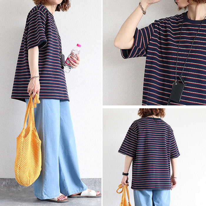 Tシャツ パイル地 マルチボーダー 夏 体型カバー トップス レディース カットソー 春 白 半袖 五分袖 コットン混 綿混 二の腕隠し ^t1144^【タイムセール】 | uricca | 23