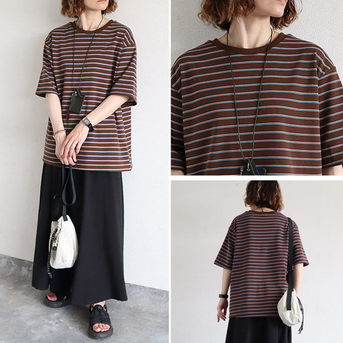 Tシャツ パイル地 マルチボーダー 夏 体型カバー トップス レディース カットソー 春 白 半袖 五分袖 コットン混 綿混 二の腕隠し ^t1144^【タイムセール】 | uricca | 28
