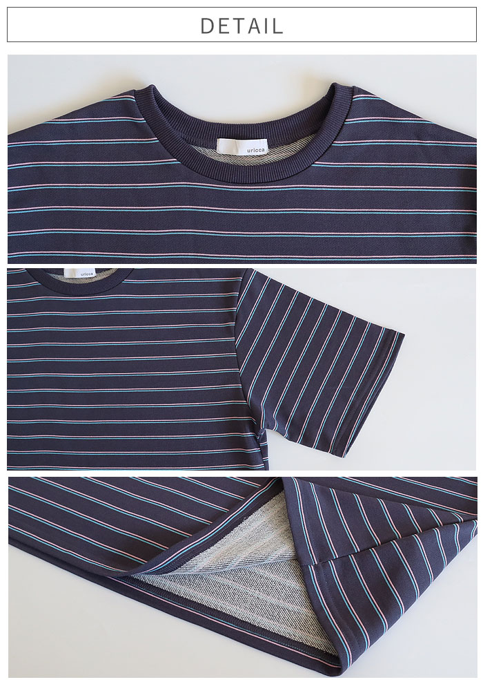 Tシャツ パイル地 マルチボーダー 夏 体型カバー トップス レディース カットソー 春 白 半袖 五分袖 コットン混 綿混 二の腕隠し ^t1144^【タイムセール】 | uricca | 16