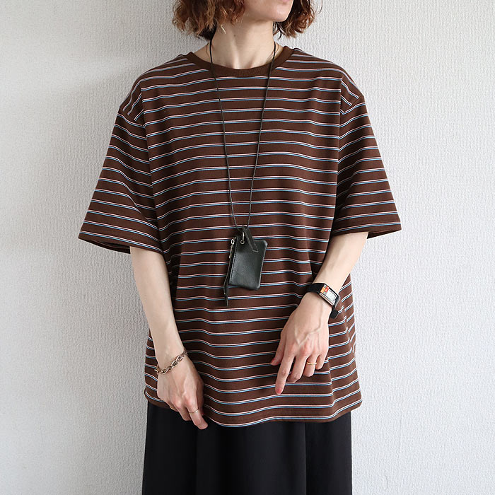 Tシャツ パイル地 マルチボーダー 夏 体型カバー トップス レディース カットソー 春 白 半袖 五分袖 コットン混 綿混 二の腕隠し ^t1144^【タイムセール】 | uricca | 05