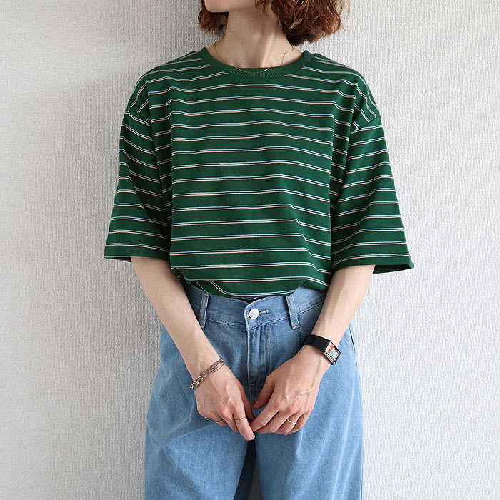 Tシャツ パイル地 マルチボーダー 夏 体型カバー トップス レディース カットソー 春 白 半袖 五分袖 コットン混 綿混 二の腕隠し ^t1144^【タイムセール】 | uricca | 04