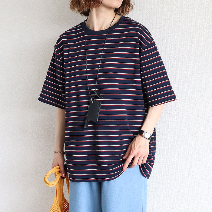 Tシャツ パイル地 マルチボーダー 夏 体型カバー トップス レディース カットソー 春 白 半袖 五分袖 コットン混 綿混 二の腕隠し ^t1144^【タイムセール】 | uricca | 01